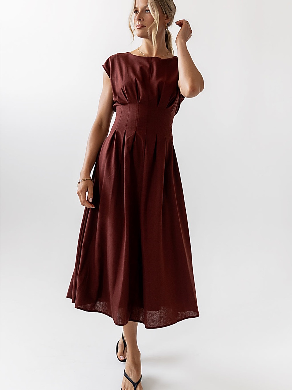 bohme Rich Burgundy Midi Dress with Fitted Waist